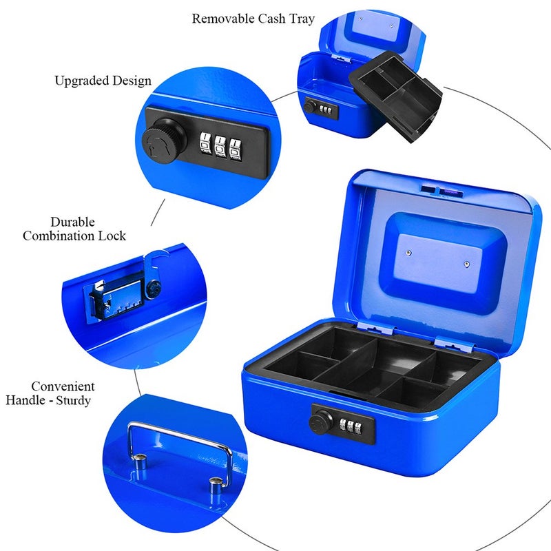 Jssmst Medium Cash Box with Combination Lock-Durable Metal Cash Box with Money Tray Blue, 7.87 x 6.3 x 3.35 inches, CB0702M - Image 4